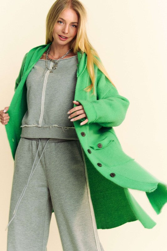 Davi & Dani Warm Me Up Side Slit Button Up Hooded Cardigan in Green