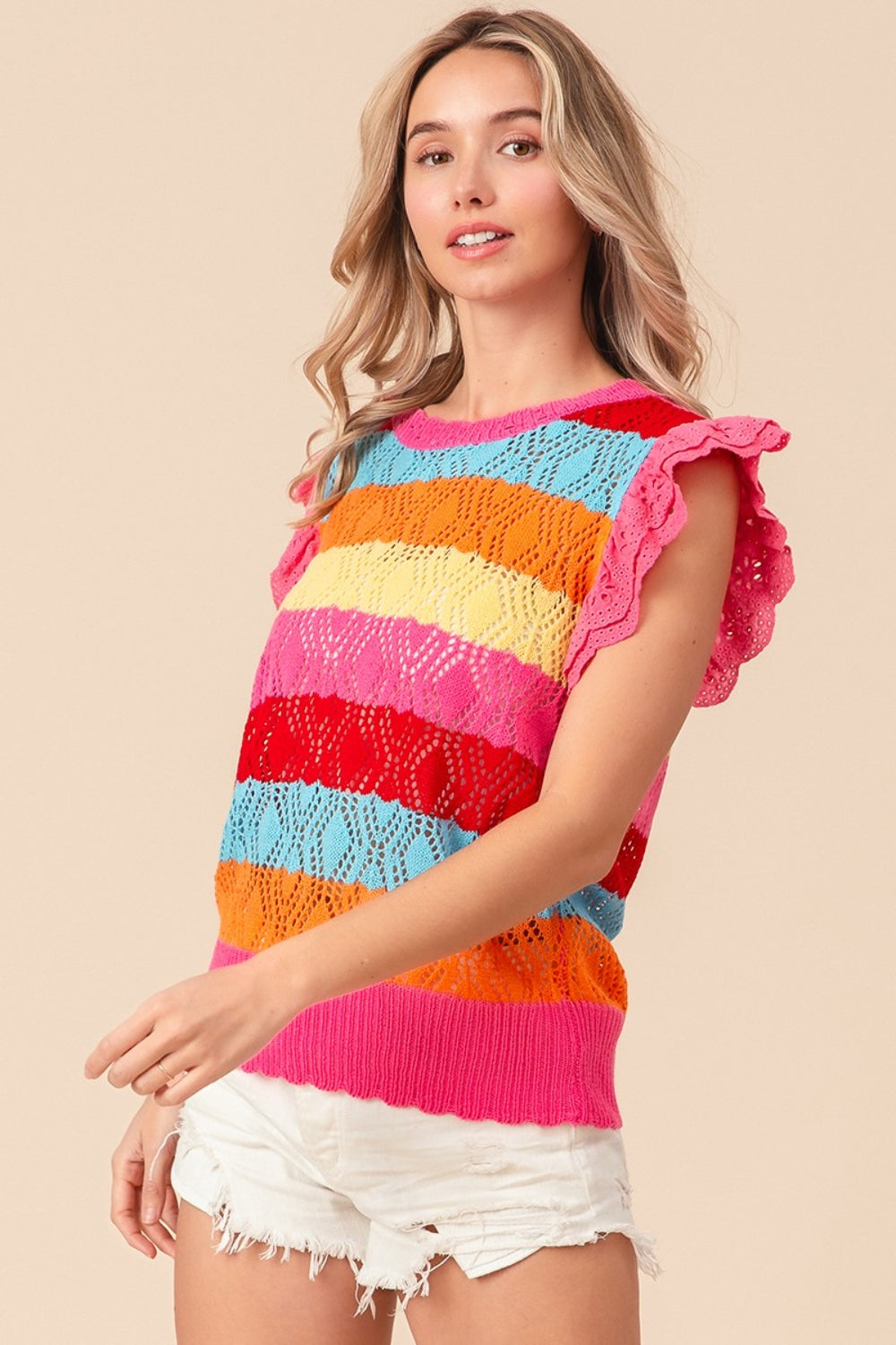 BiBi Chasing Rainbows Pointelle Striped Ruffled Knit Top