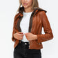 Snobbish Embrace The Day Faux Leather Zip Up Drawstring Hooded Jacket in Camel