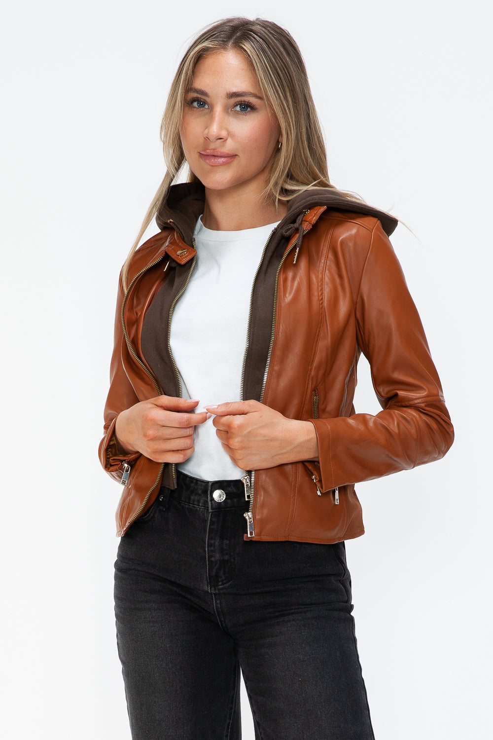 Snobbish Embrace The Day Faux Leather Zip Up Drawstring Hooded Jacket in Camel