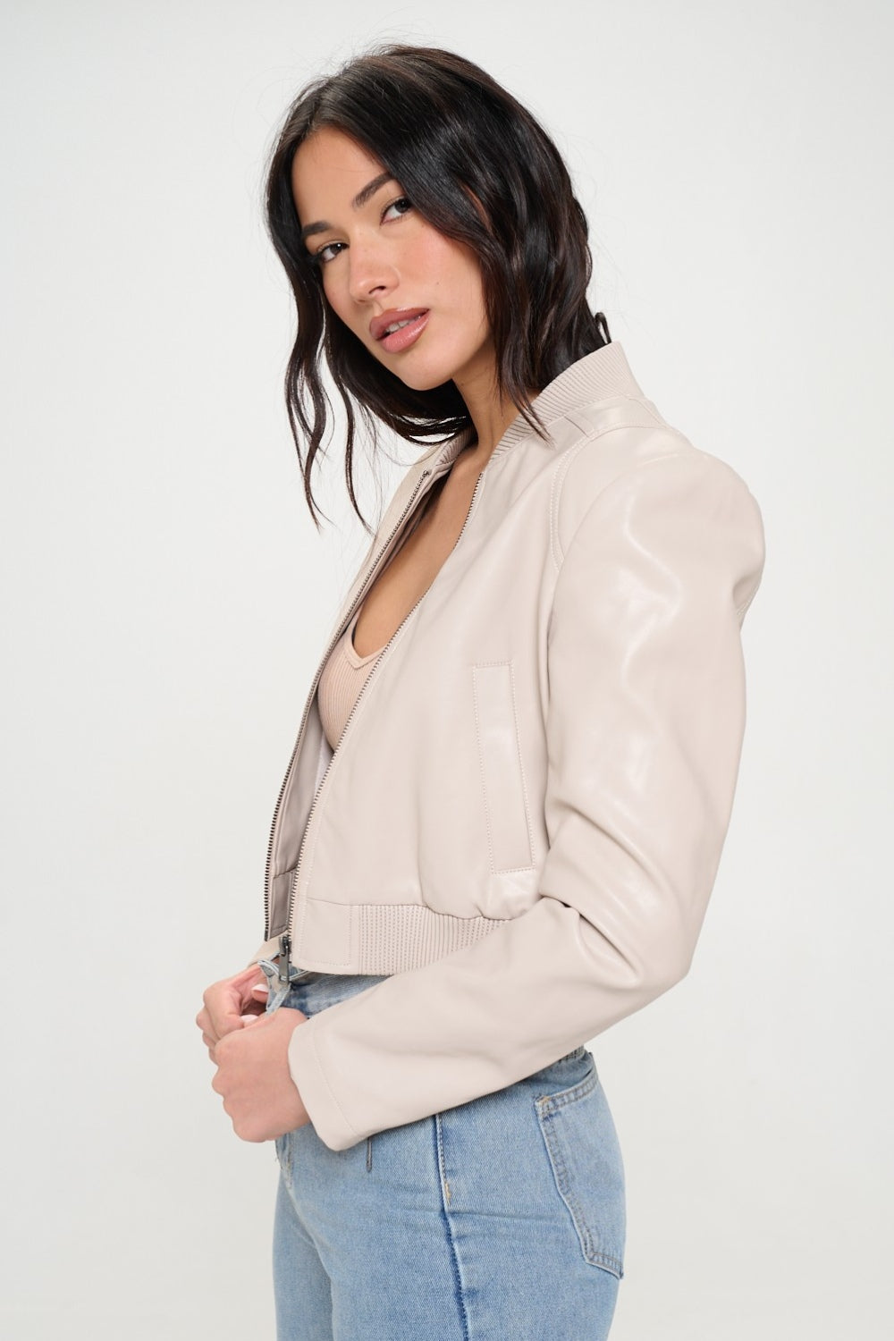 Coalition LA My Go To Bomber Zip Up Cropped Bomber Jacket in Cream