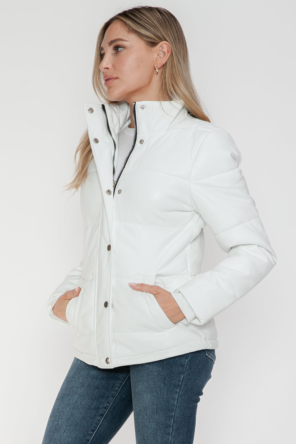 YMI Cozy Perfection Pocketed Zip Up Turtleneck Puffer Jacket in White