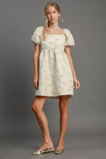 Umgee Love You Forever Heart Jacquard Square Neck Puff Sleeve Mini Dress in Cream