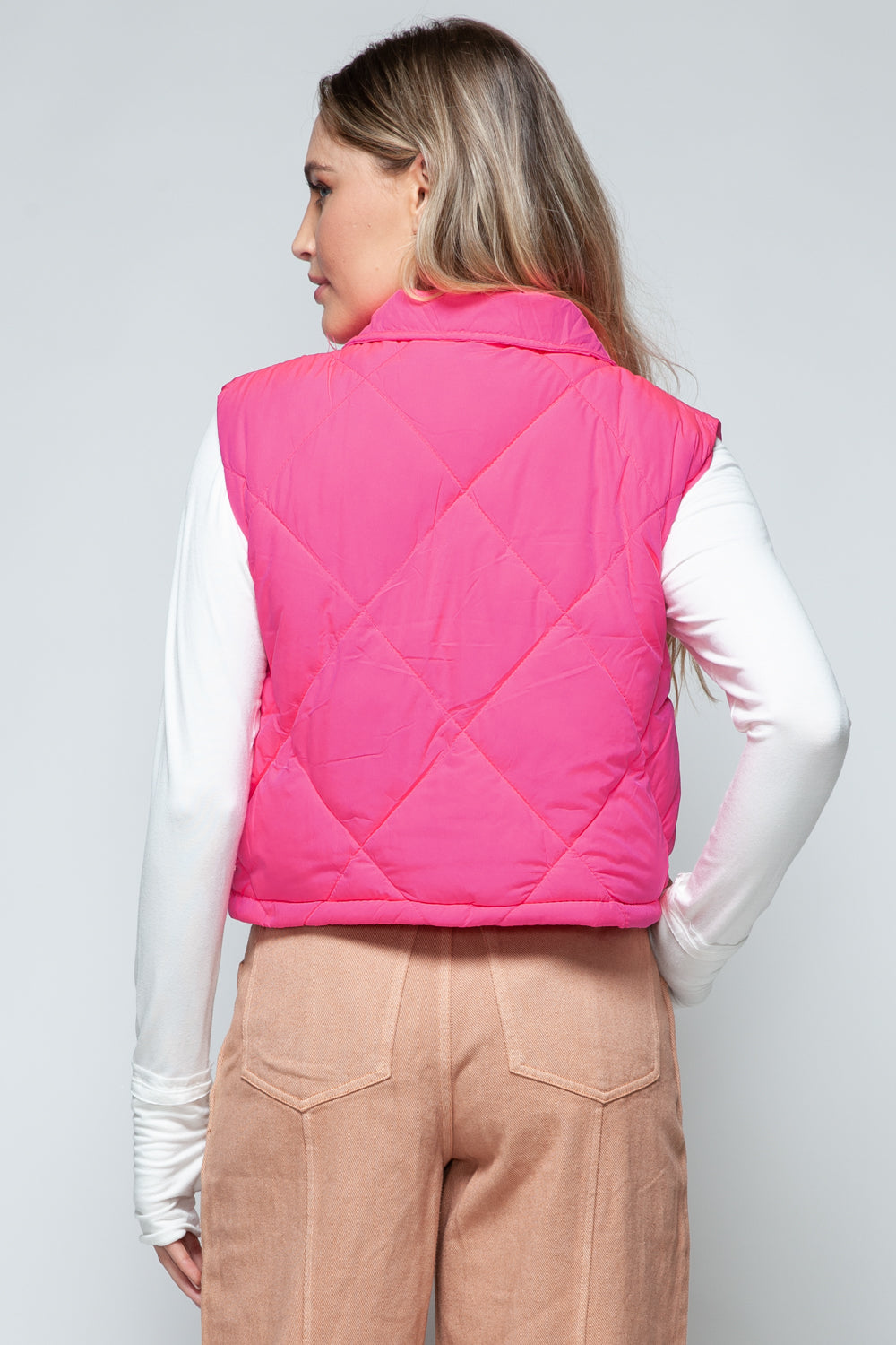 Snobbish Quilted and Cute Snap Down Quilted Crop Vest in Hot Pink