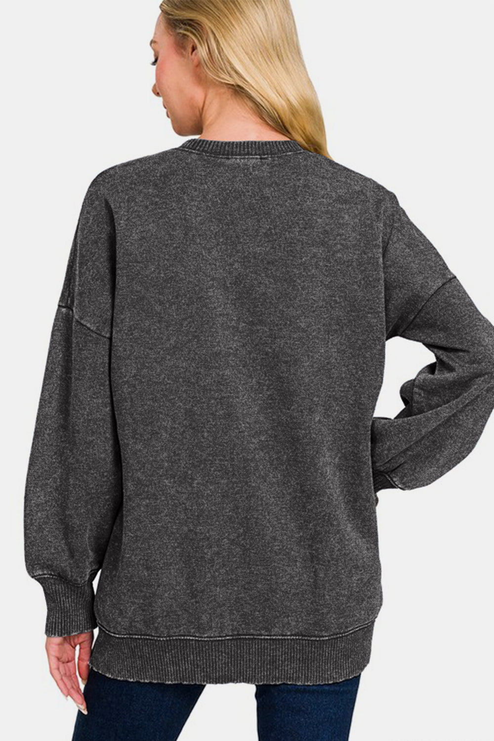 Zenana Endless Vibes High-Low Acid Wash Fleece Sweatshirt in Black