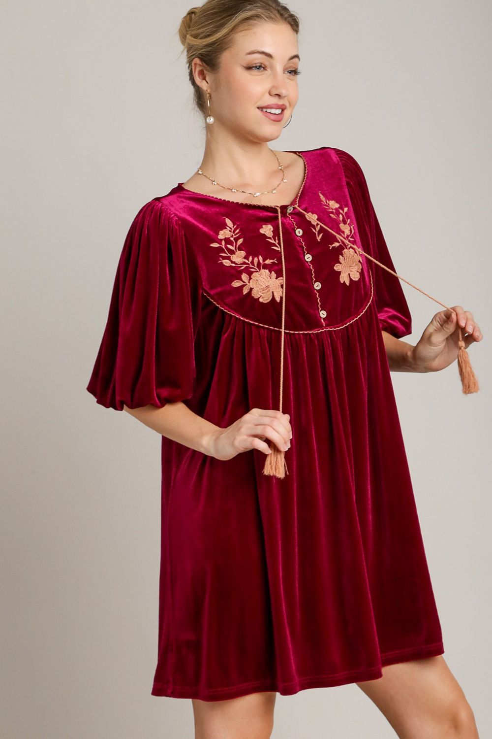 Umgee Stealing The Spotlight Embroidered Half Sleeve Velvet Mini Dress with Tassel in Burgundy