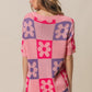 BiBi Pink and Purple Vibes Flower Checker Pattern Short Sleeve Sweater