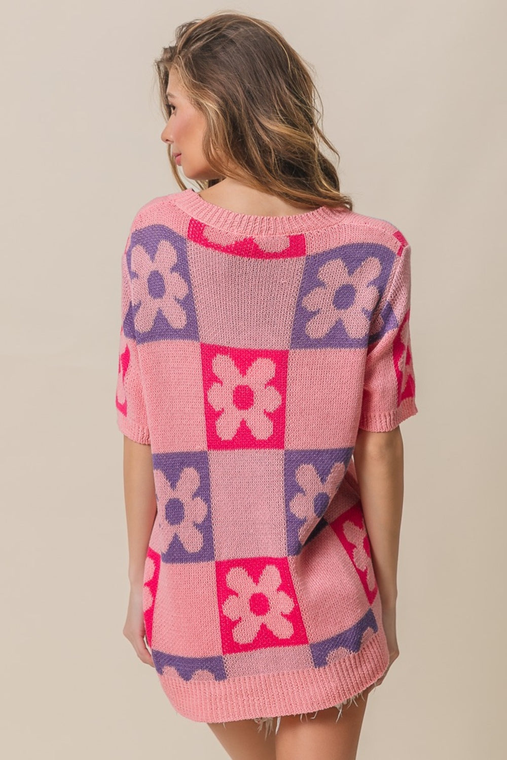 BiBi Pink and Purple Vibes Flower Checker Pattern Short Sleeve Sweater