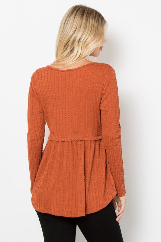 Be Stage Be The One Texture Babydoll Long Sleeve Knit Top