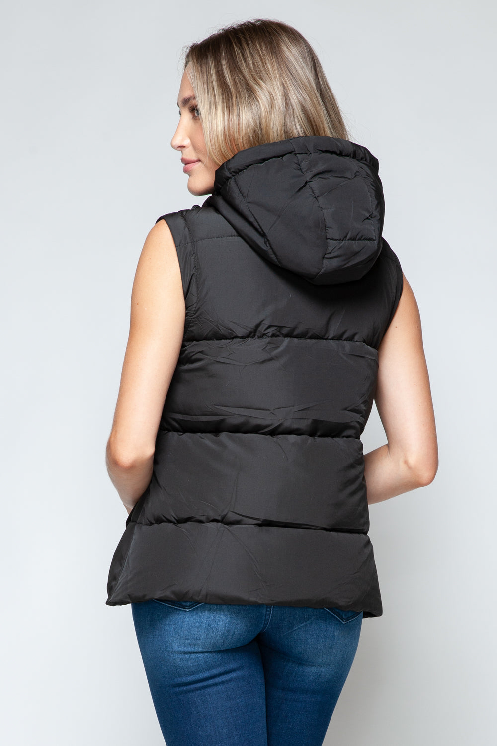 Snobbish Cute and Cozy Snap and Zip Closure Hooded Vest in Midnight/ Black