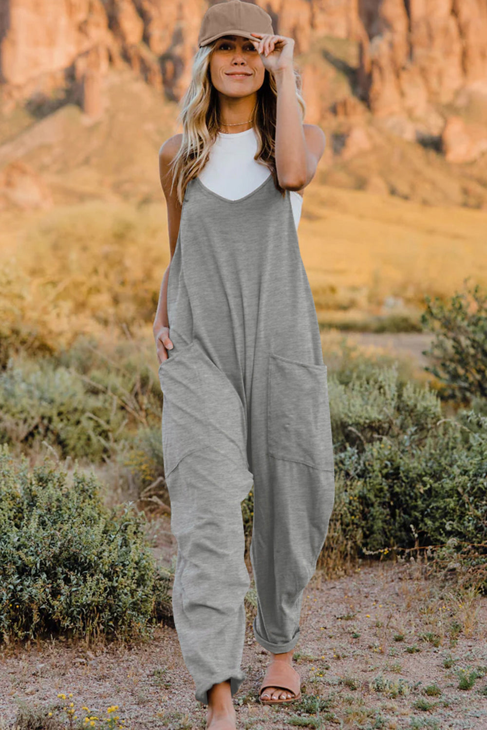 Double Take The Hot Shots V-Neck Sleeveless Jumpsuit with Pockets