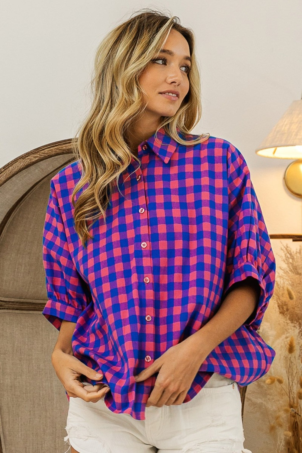 BiBi In The Mood Plaid Button Up Dolman Sleeve Shirt