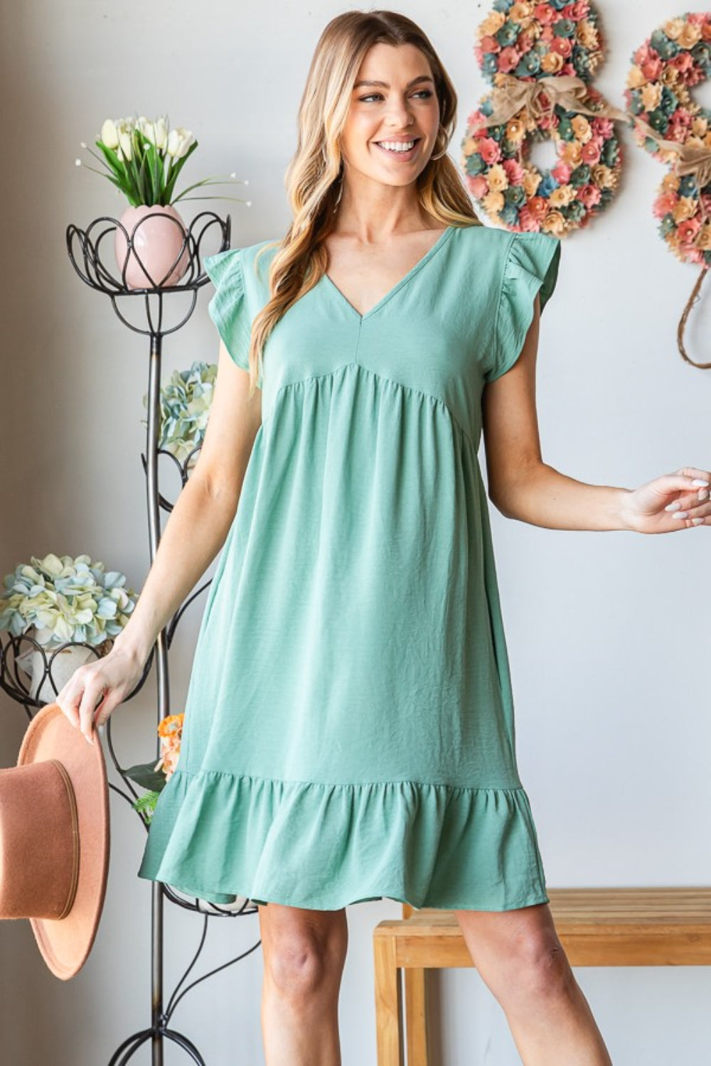 Heimish A Charmer Short Sleeve V-Neck Ruffled Hem Dress