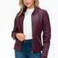 YMI Fuzzy Feels Faux Layered Double-Zipper Jacket with Fuzzy Hood in Wine