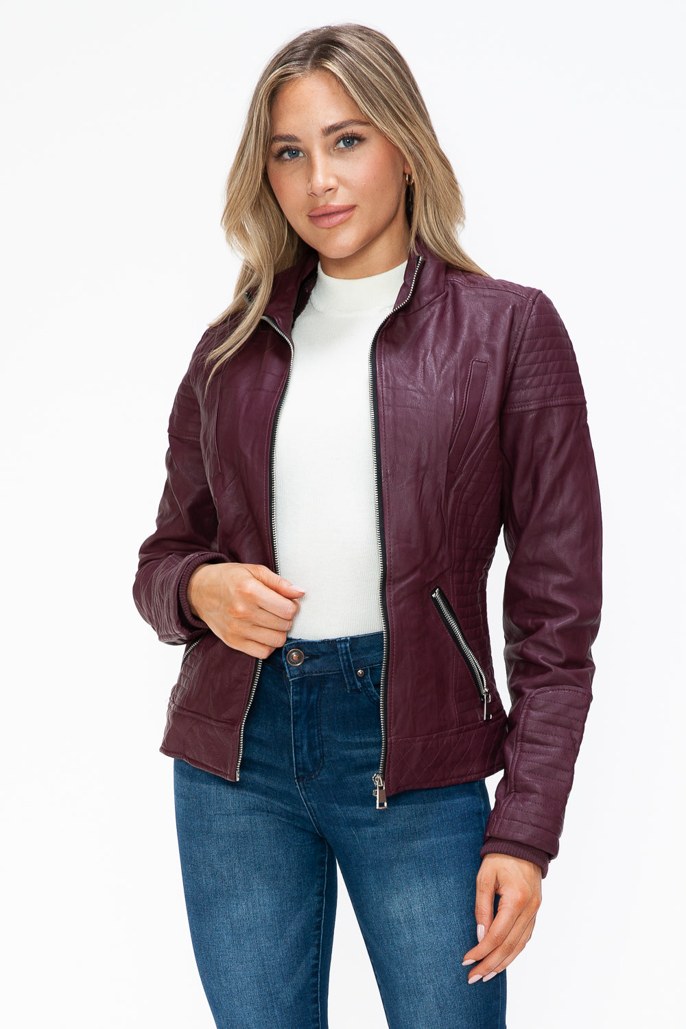 YMI Fuzzy Feels Faux Layered Double-Zipper Jacket with Fuzzy Hood in Wine