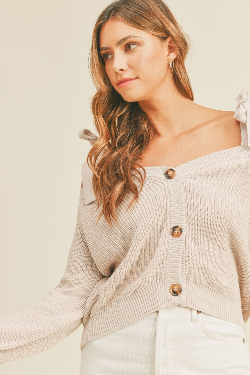 MABLE Tied Up Off Shoulder Self Tie Strap Button Down Sweater
