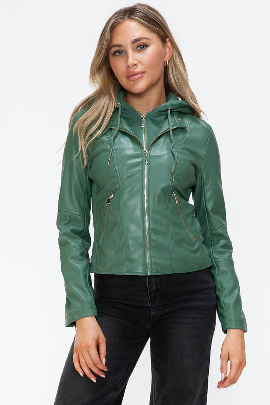 Snobbish Embrace The Day Faux Leather Zip Up Drawstring Hooded Jacket in Sage