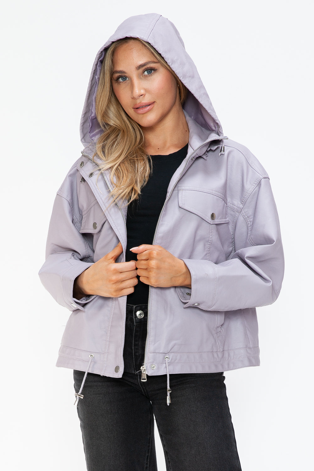 How Dare U My Favorite Layer Drawstring Hem PU Leather Zip Up Jacket in Lilac