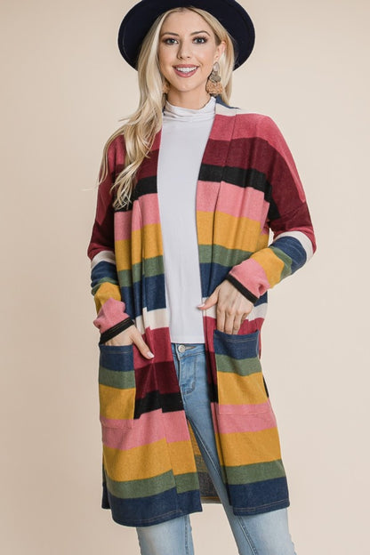 BOMBOM Cozy and Colorful Color Block Striped Open Front Cardigan