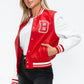 Love Me Now Bring The Love PU Leather Contrast Snap Down Bomber Jacket in Red/Wine