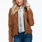 YMI Fuzzy Feels Faux Layered Double-Zipper Jacket with Fuzzy Hood in Camel