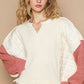 POL Standout Charm Waffle-Knit Contrast Notched Neck Long Sleeve Knit Top in Cream Multicolor