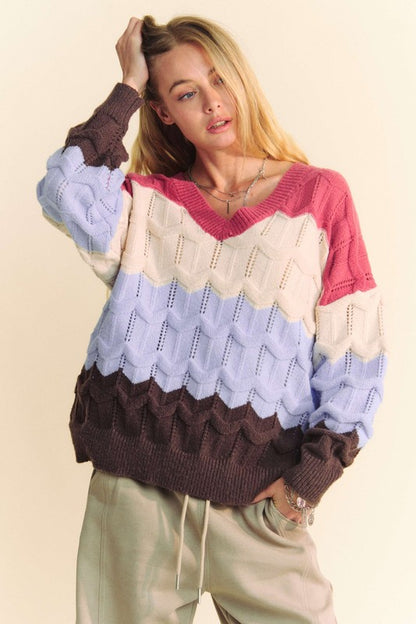 Davi & Dani Waves of Warmth Wavy Texture Color Block V-Neck Sweater