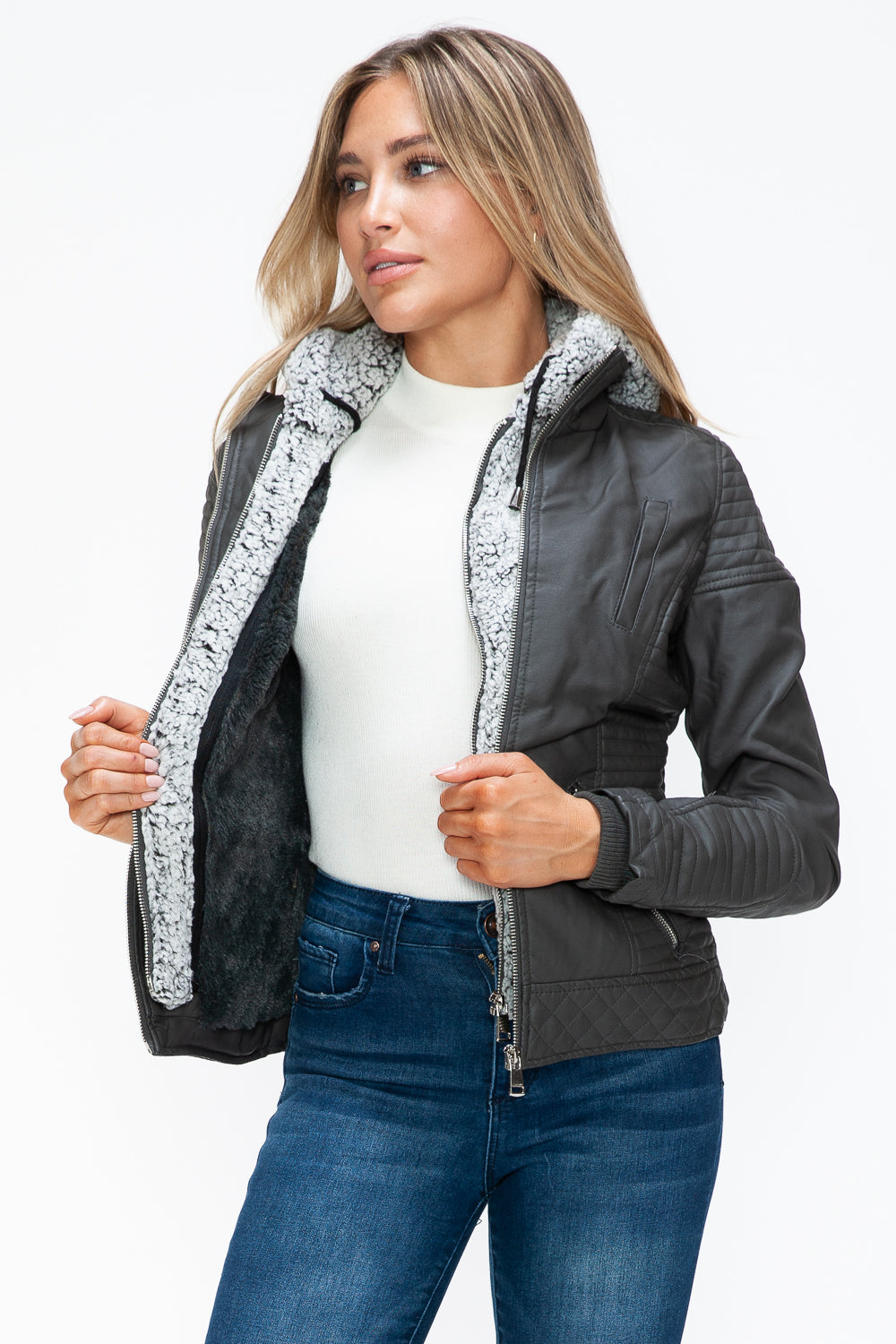 YMI Fuzzy Feels Faux Layered Double-Zipper Jacket with Fuzzy Hood in Charcoal