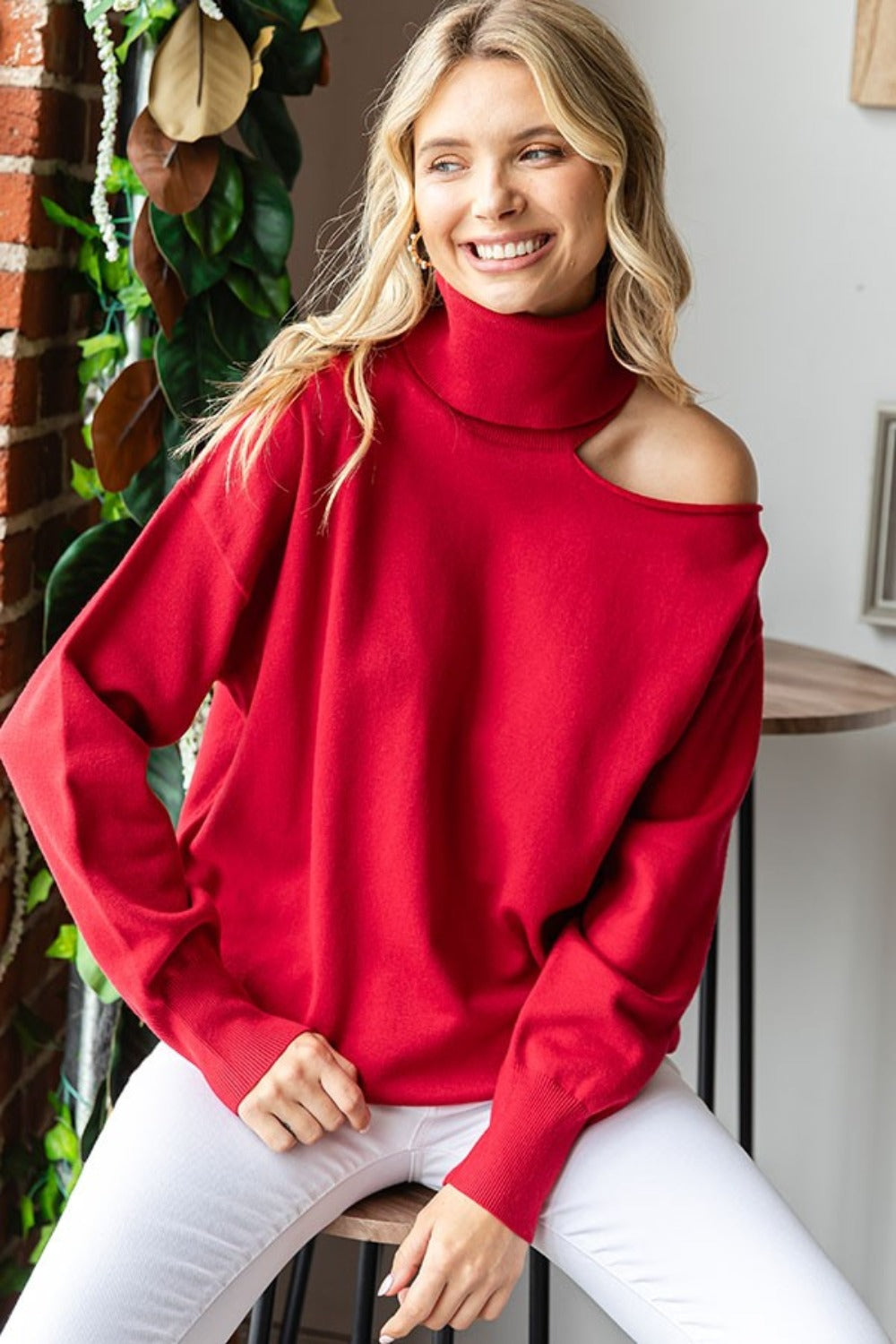 First Love Shine Through Cut Out Shoulder Turtleneck Sweater