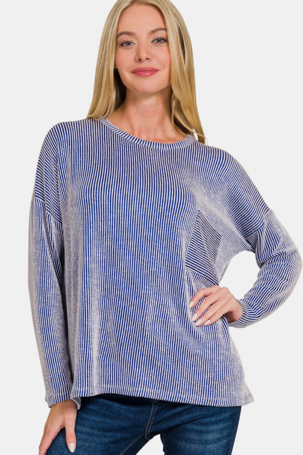 Zenana Lined Up Ribbed Striped Long Sleeve T-Shirt in Bright Blue