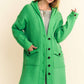 Davi & Dani Warm Me Up Side Slit Button Up Hooded Cardigan in Green