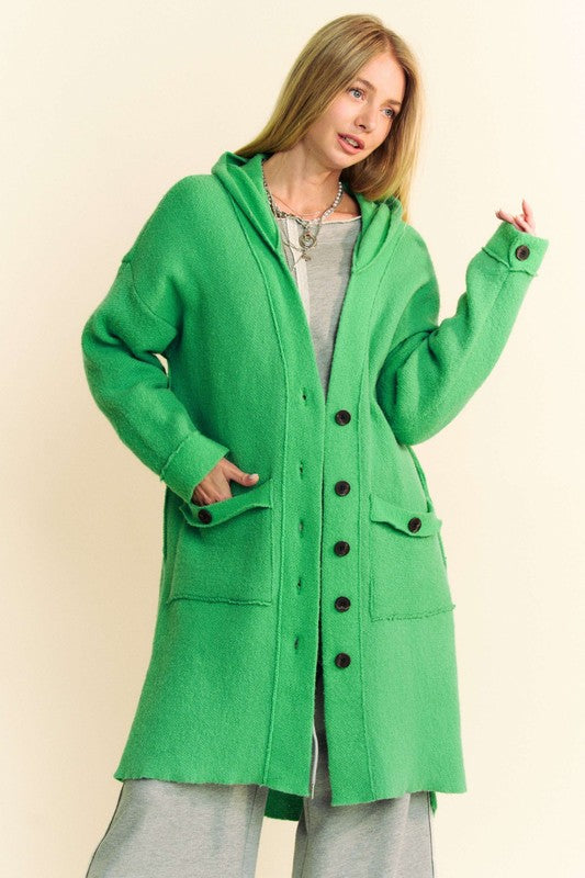 Davi & Dani Warm Me Up Side Slit Button Up Hooded Cardigan in Green