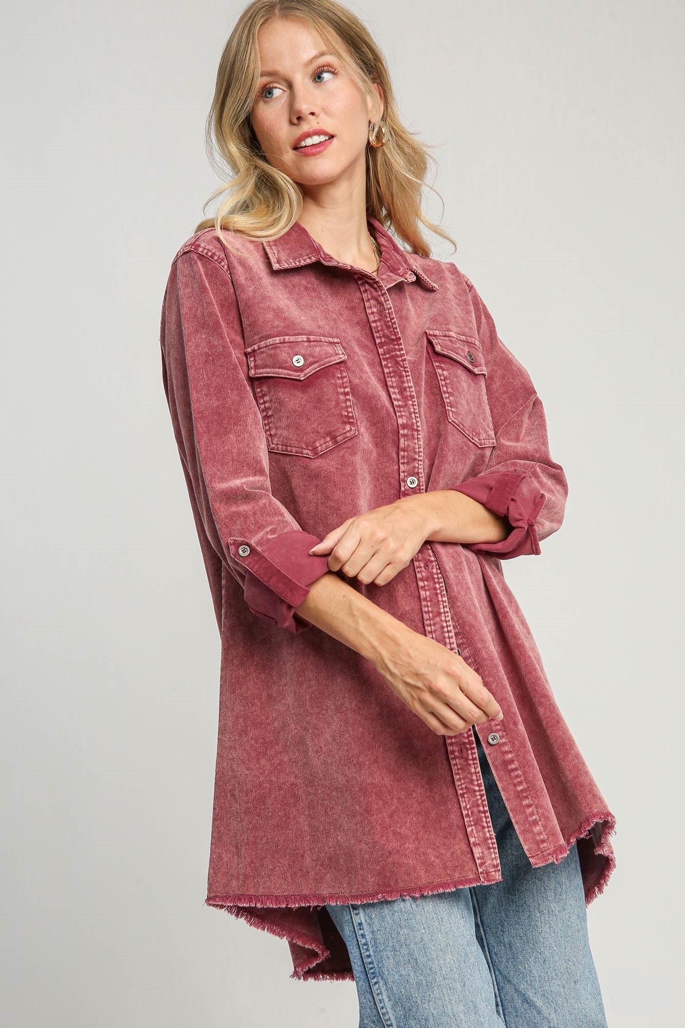 Umgee Keep It Cool Raw Hem Button Down Denim Jacket with Chest Pockets in Wine