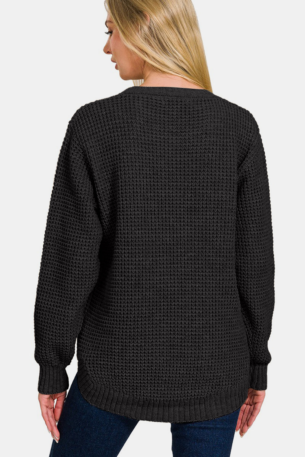 Zenana The World Is My Canvas High Low Long Sleeve Waffle Sweater in Black