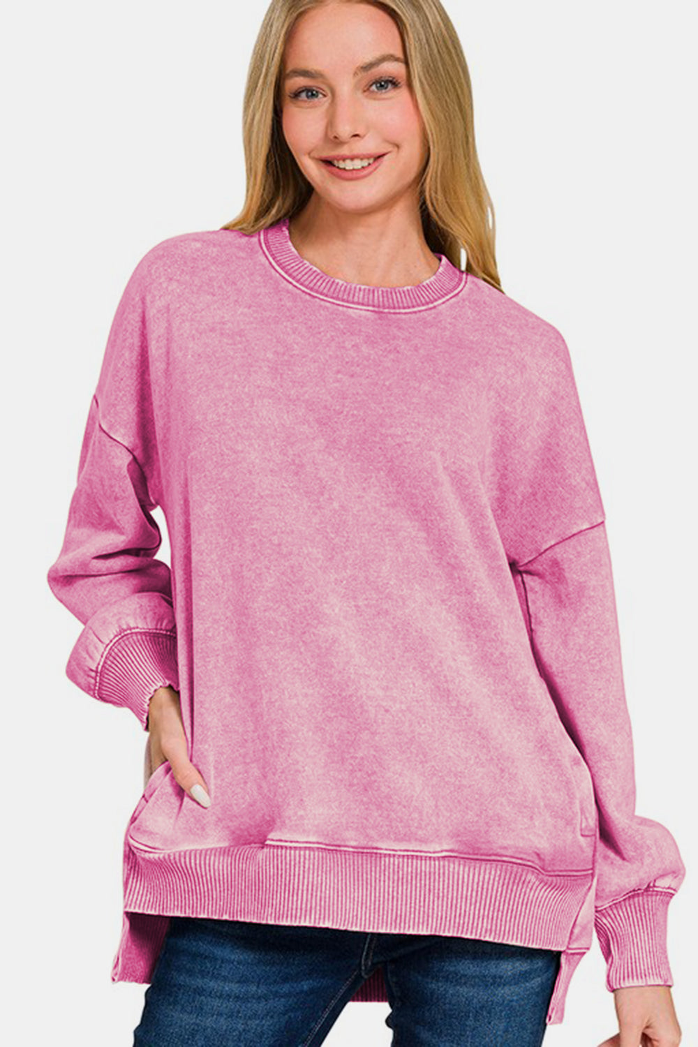 Zenana Endless Vibes High-Low Acid Wash Fleece Sweatshirt in Dusty Pink