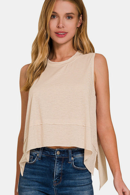 Zenana Another Day Exposed Seam Slit Tank in Sand Beige