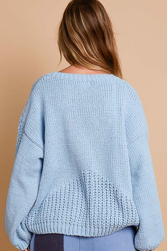 POL Capture The Heart Crochet Flower Dropped Shoulder Sweater in Light Blue
