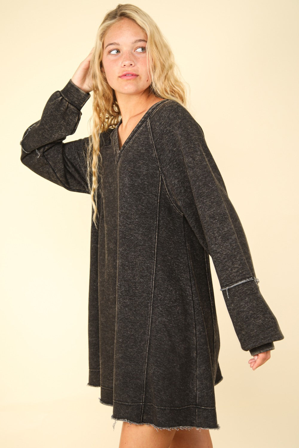 VERY J Oversized Memories Mineral Washed Oversized A-Line Mini Dress in Black