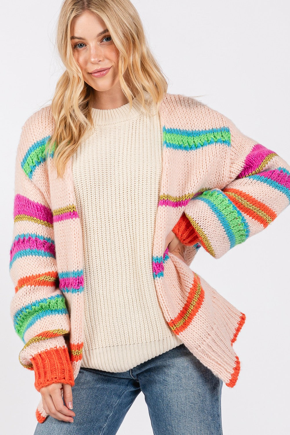 SAGE + FIG Color Me Happy Rainbow Striped Open Front Knit Cardigan