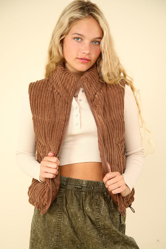 VERY J Fall Adventures Zip Up Padded Corduroy Puffer Vest in Chocolate