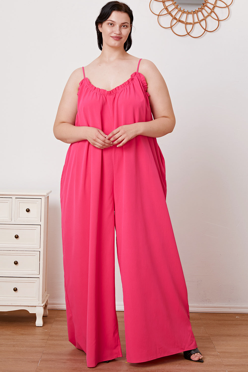 Double Take My Favorite Ruffle Trim Tie Back Cami Jumpsuit with Pockets