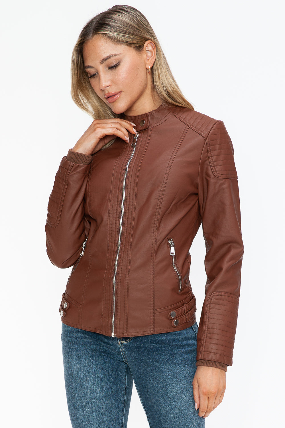 Snobbish A Wild Ride Faux Leather Biker Jacket with Side Zip Pockets in Brandy