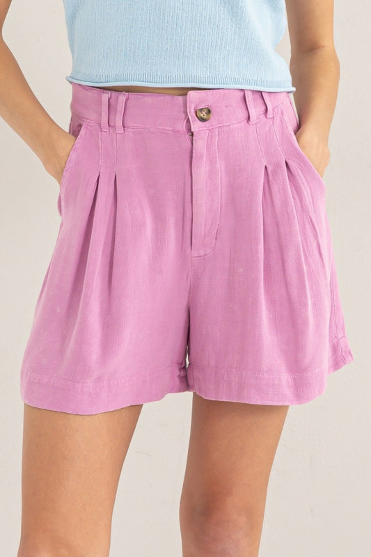 HYFVE Brunch Date High Waist Pleated Linen Shorts in Pink