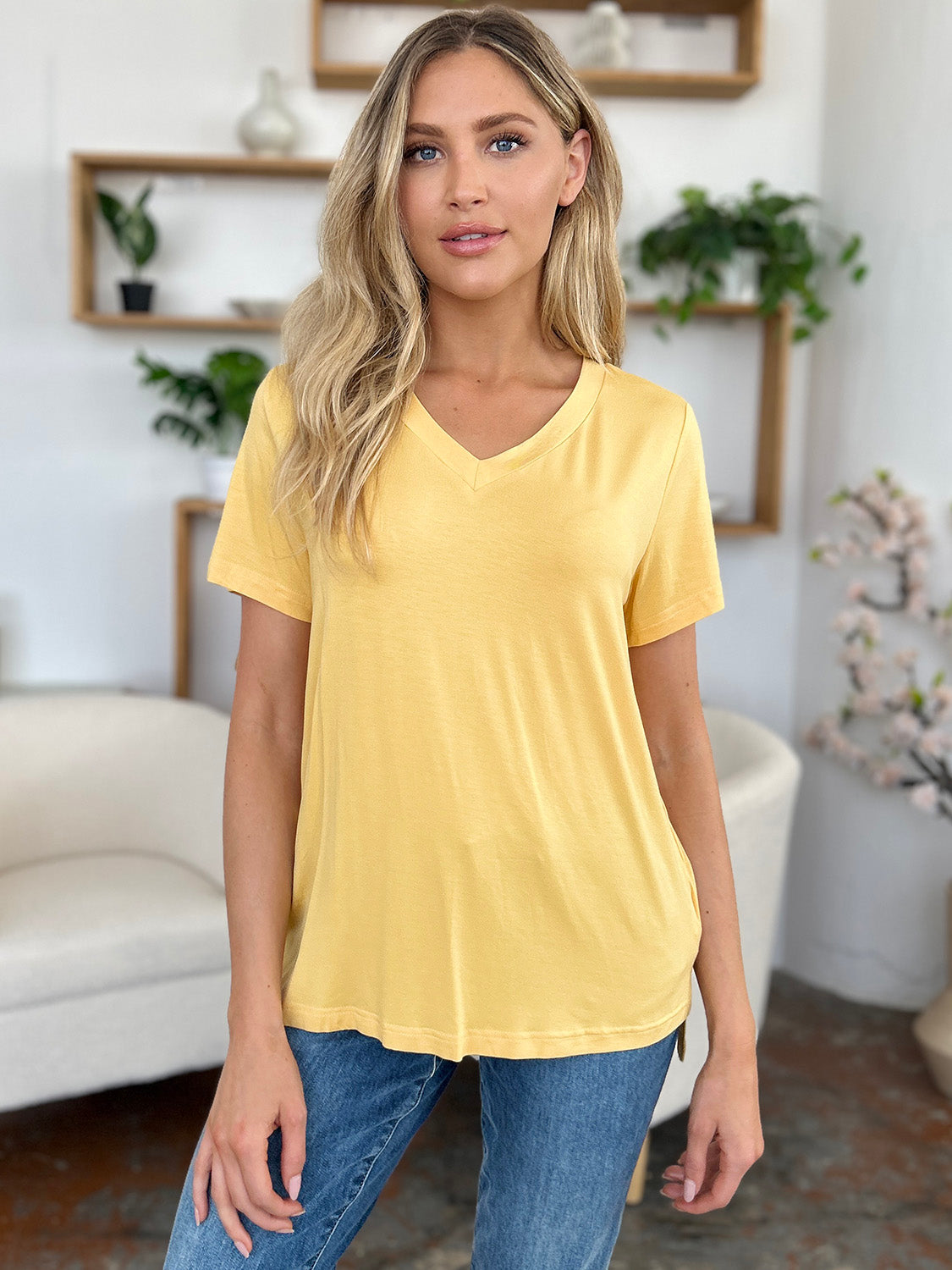 Basic Bae Bamboo All Day Long V-Neck High-Low T-Shirt