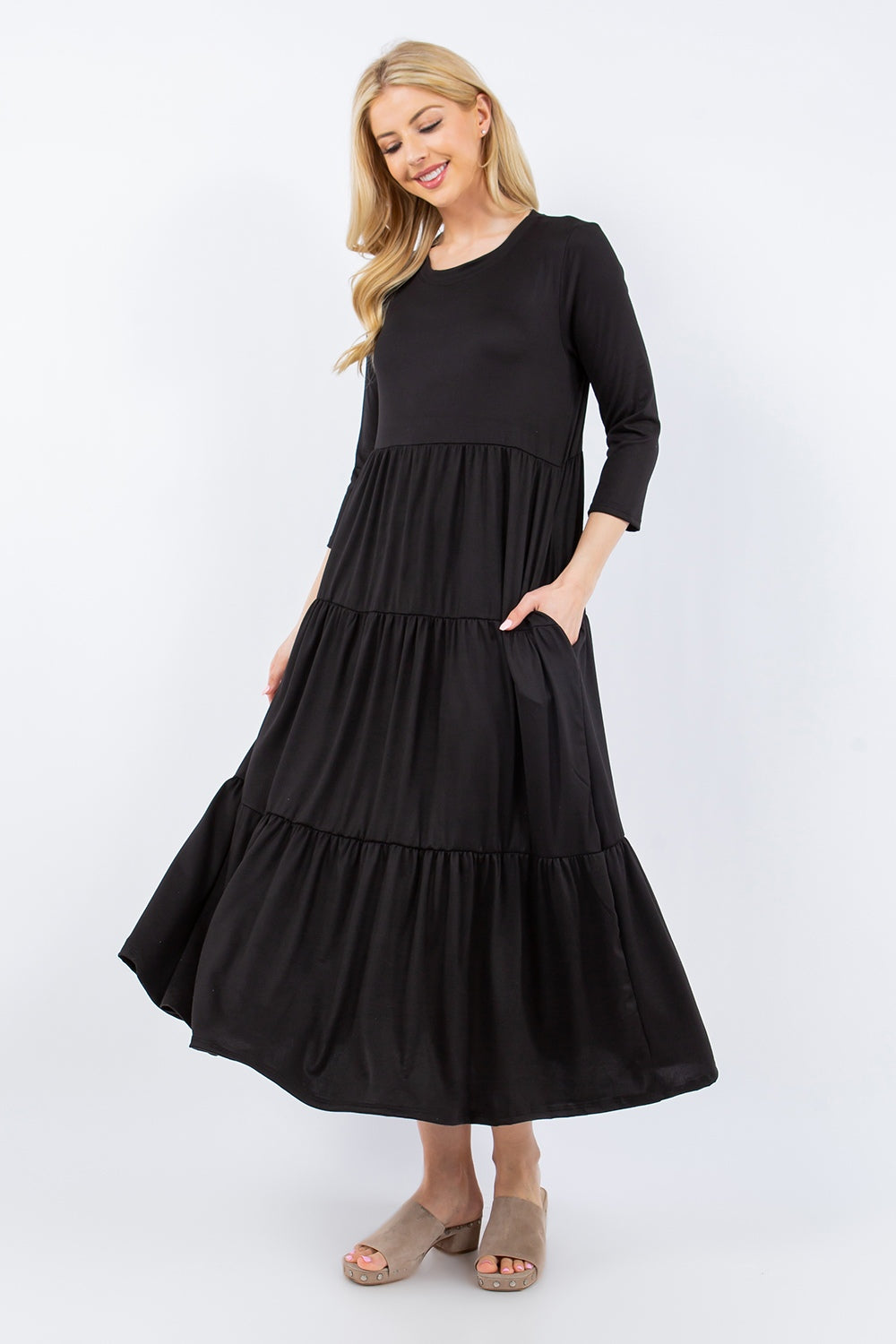 Celeste Dress Up Tiered Midi Dress with Pockets