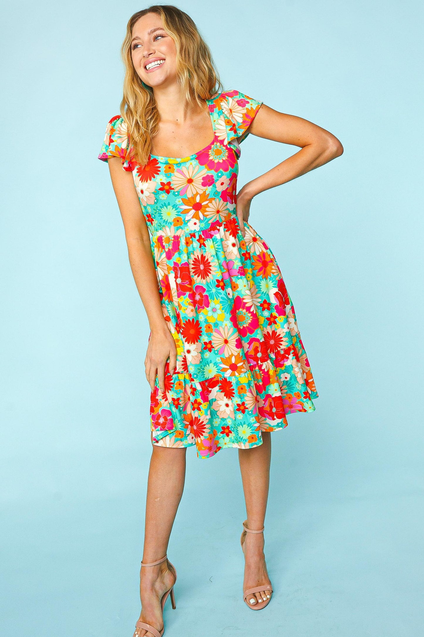 Haptics Minty Fresh Floral Square Neck Short Sleeve Dress with Pockets