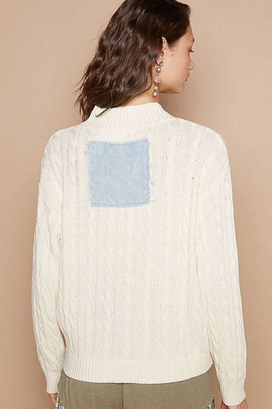 POL Peace and Love Cable-Knit Peace Patch Dropped Shoulder Sweater in Ivory