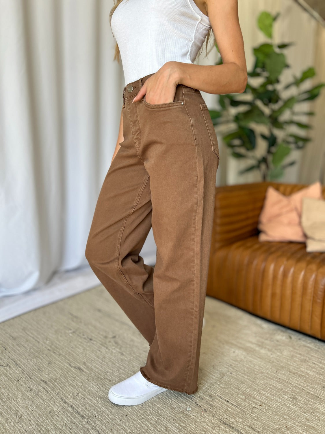 RFM Dawn High Rise Garment Dye Wide Leg Jeans in Coffee