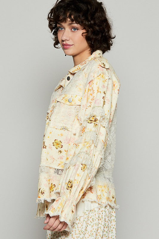 POL Dreams Come True Raw Hem Lace Patch Flounce Sleeve Jacket in Pastel Yellow