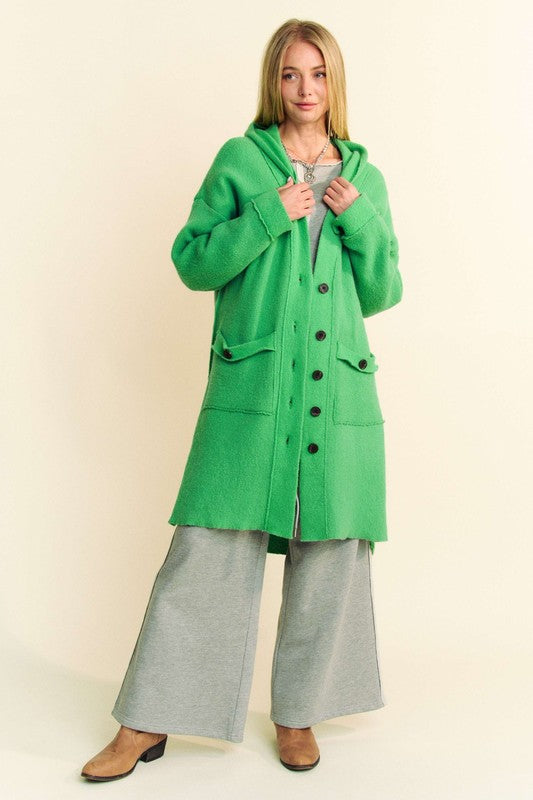 Davi & Dani Warm Me Up Side Slit Button Up Hooded Cardigan in Green